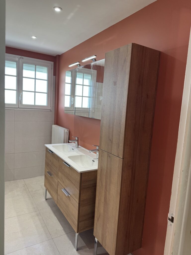 Meuble double vasque bois et mur terracotta dans une salle de bain rénovée